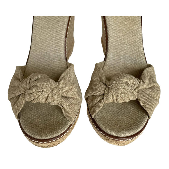 Tory Burch Macy Metallic Linen Peep Toe Knotted Band Espadrille Wedge Heel sz 10 - Picture 11 of 14